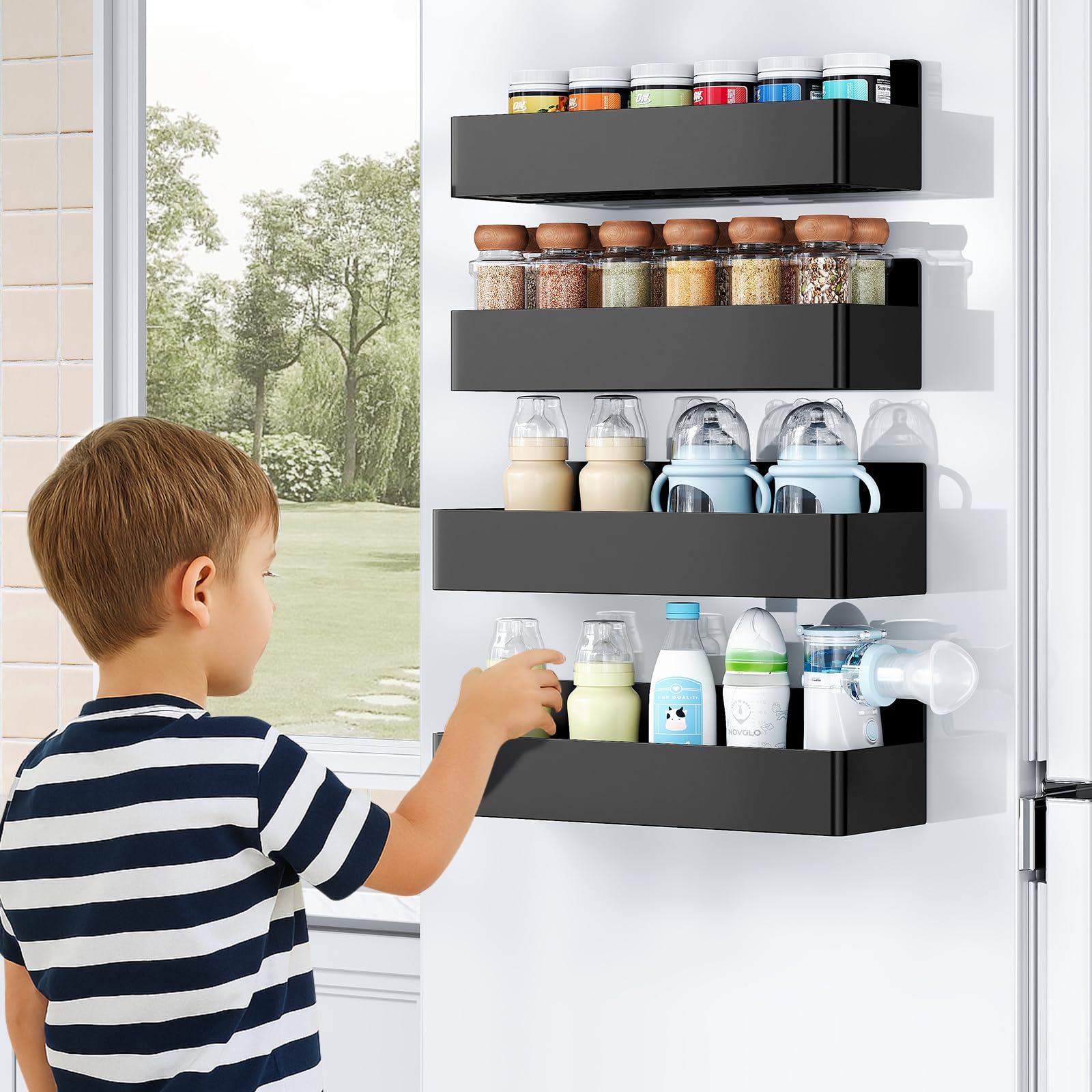 Black Mystozer fridge organizer saves counter space in modern kitchens.