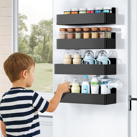 Black Mystozer fridge organizer saves counter space in modern kitchens.