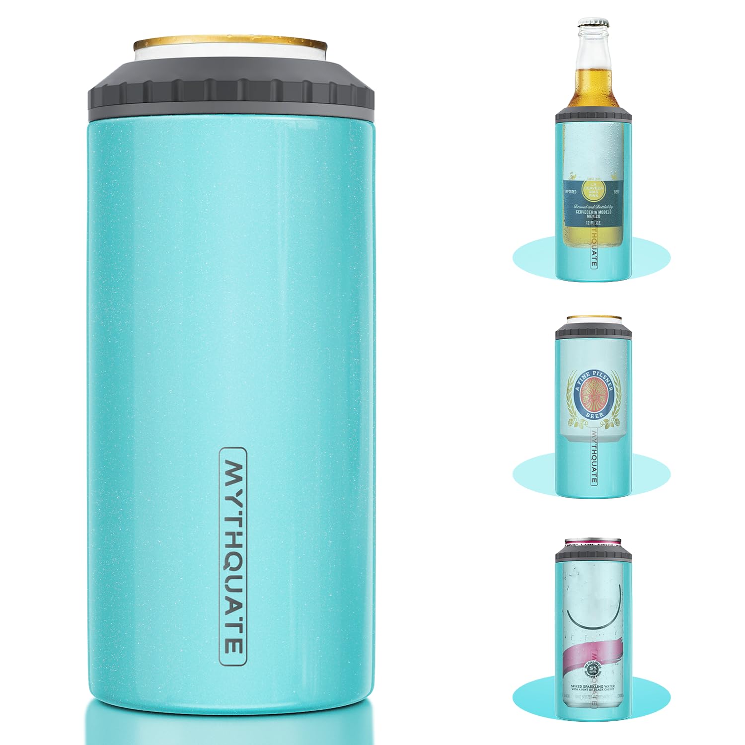 MYTHQUATE 3 in 1 slim can cooler on table keeps drinks cold longer.
