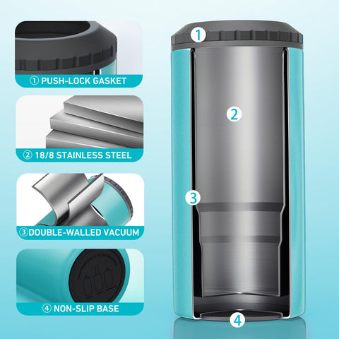 Gift-ready MYTHQUATE can cooler beside a wrapped gift for gifting.