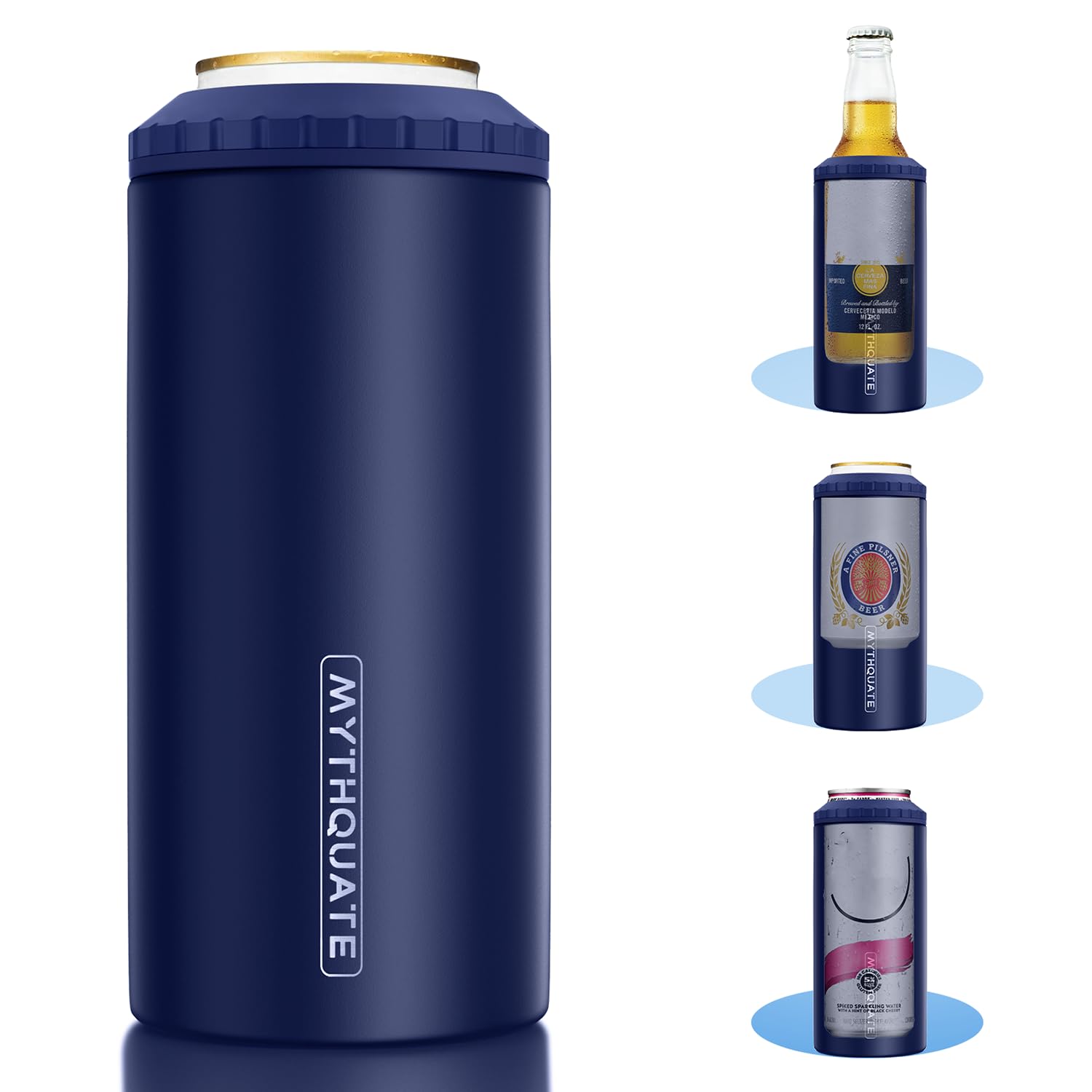 MYTHQUATE 3-in-1 slim can cooler navy, front view, keeps drinks cold during outdoor use.