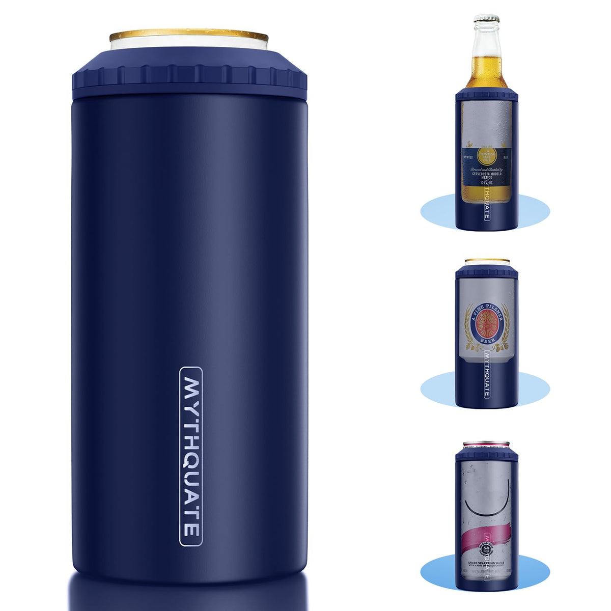 MYTHQUATE 3-in-1 slim can cooler navy, front view, keeps drinks cold during outdoor use.