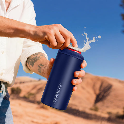 MYTHQUATE in-use navy cooler demonstrates fit for 12 oz cans at events.