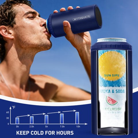 MYTHQUATE 3-in-1 slim can cooler navy interior, double-wall insulation for long-lasting chill.
