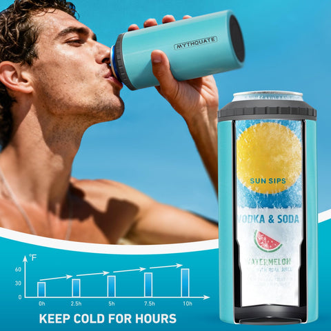 MYTHQUATE cooler demonstrates fit for slim 12 oz cans in use.