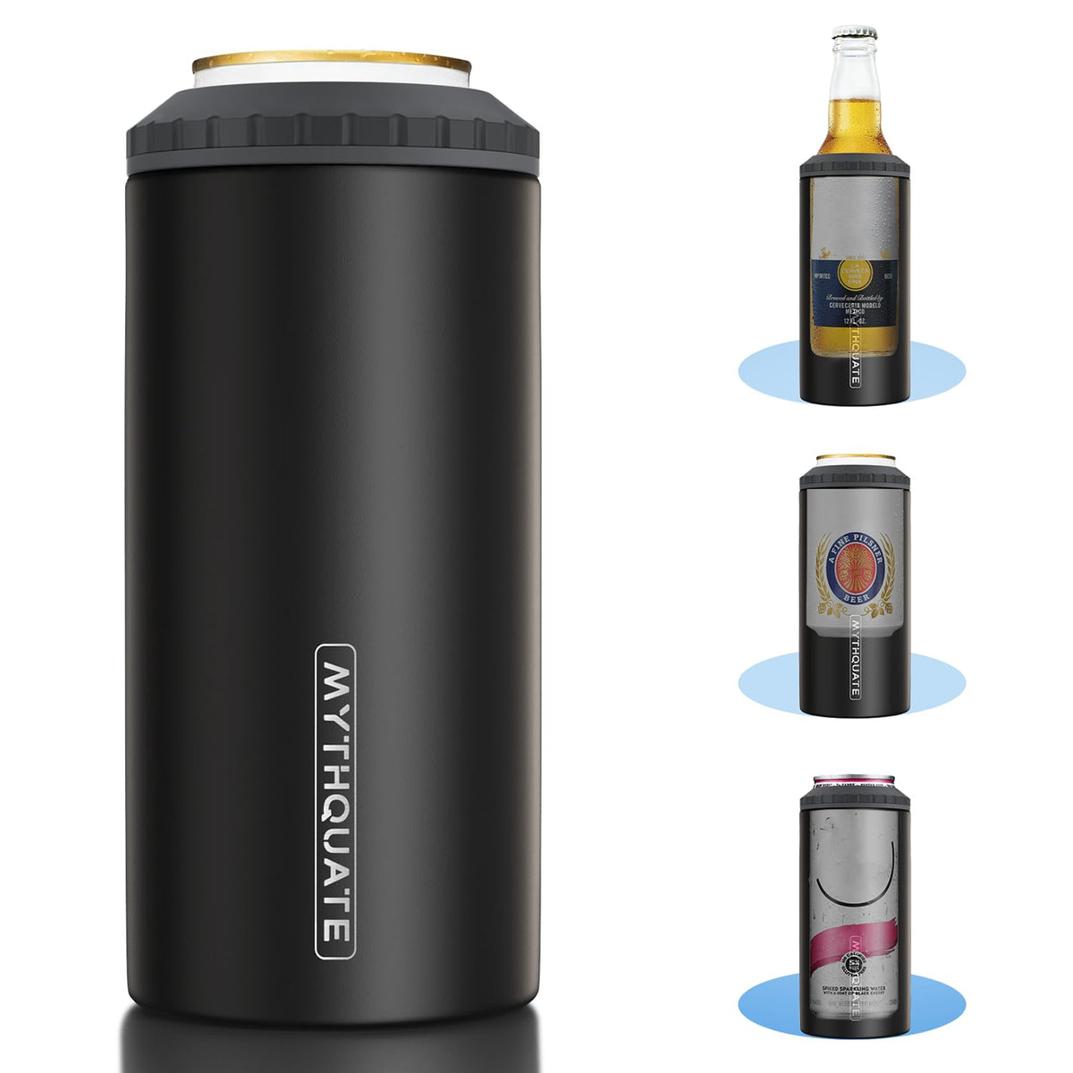 MYTHQUATE 3-in-1 slim can cooler fits 12oz cans, preserving cold refreshment