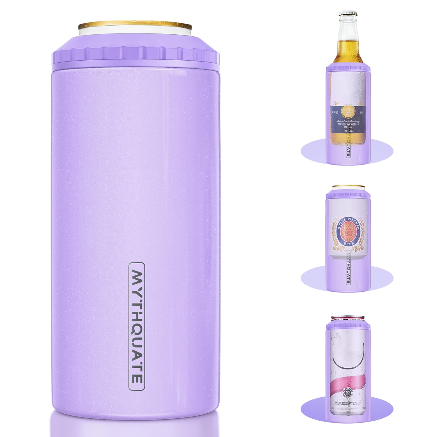 Mythquate 3in1 slim can cooler fits 12oz cans and bottles, keeps drinks cold.