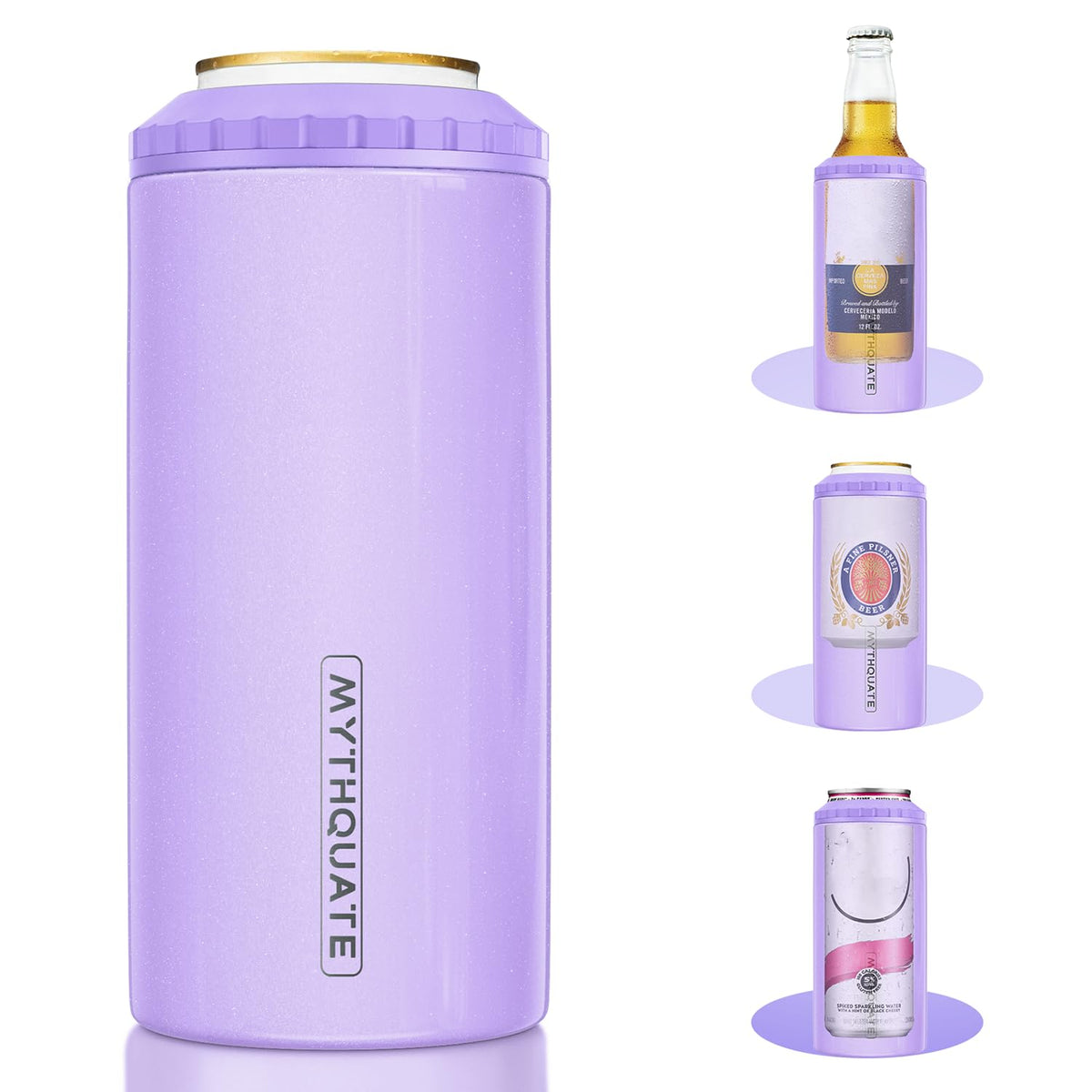 Mythquate 3in1 slim can cooler fits 12oz cans and bottles, keeps drinks cold.