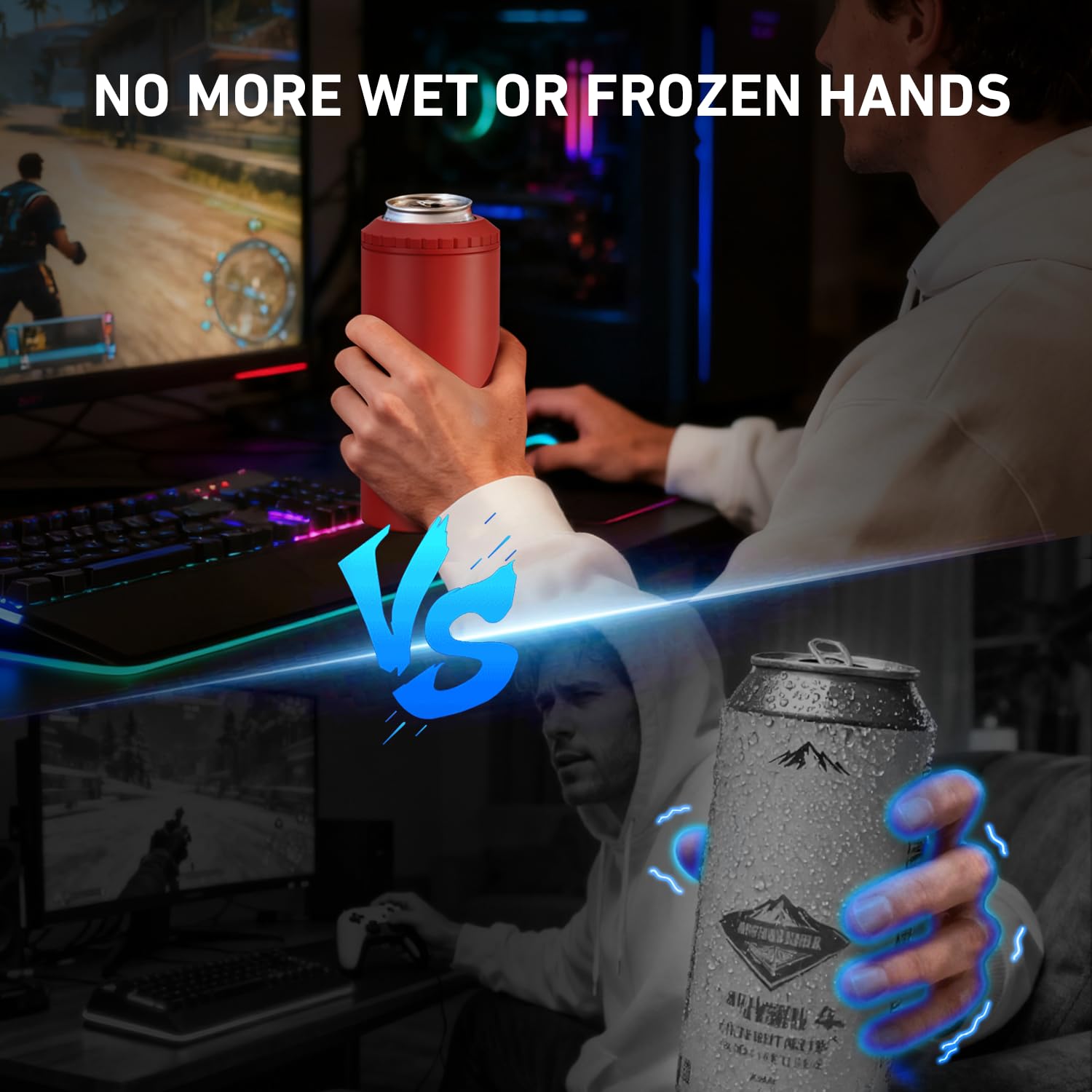 MYTHQUATE 3-in-1 slim can cooler accommodates beer bottles for on-the-go refreshment.