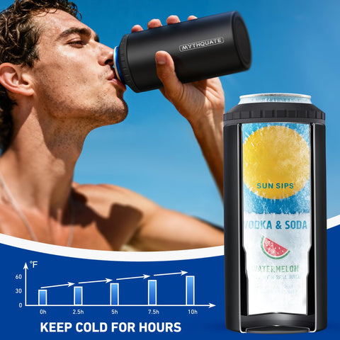 MYTHQUATE 3-in-1 slim can cooler for beer bottles, versatile cooling companion