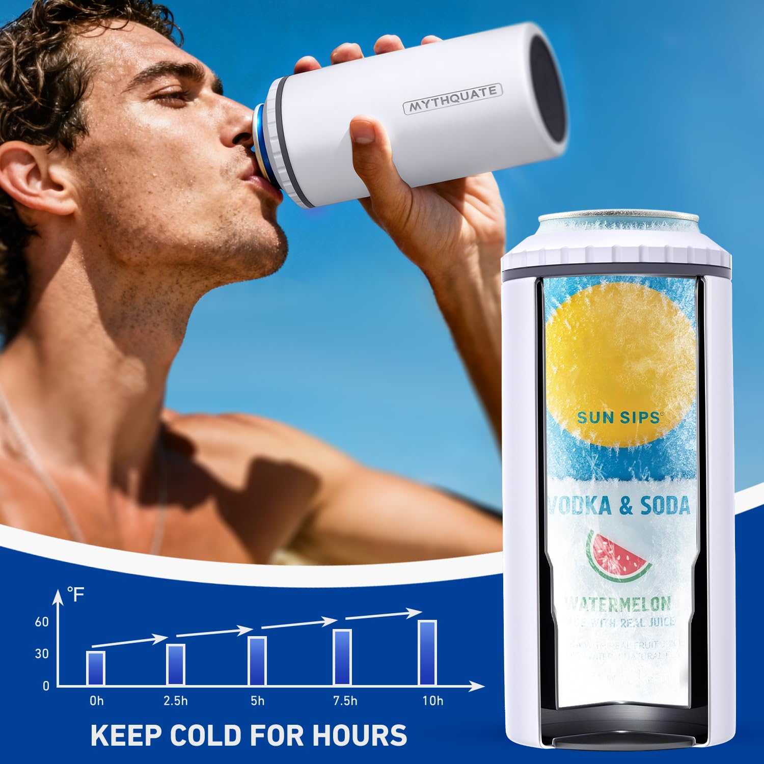 MYTHQUATE holds beer bottles as well for versatile beverage cooling.