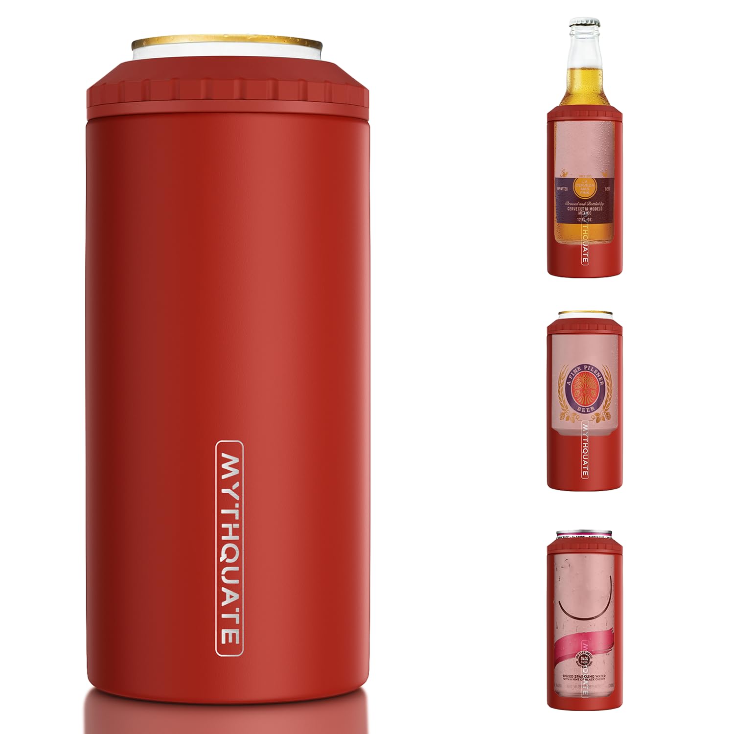 MYTHQUATE 3-in-1 slim can cooler front view keeps beverages cold on the go.
