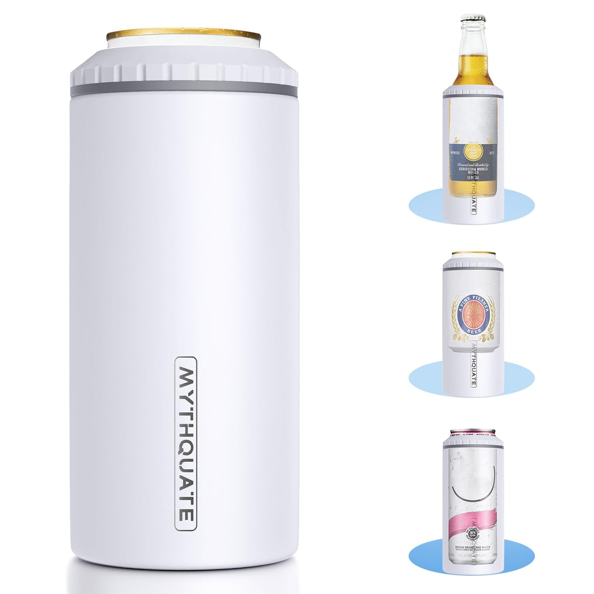 MYTHQUATE 3-in-1 slim can cooler with matte white finish for condensation-free grip.