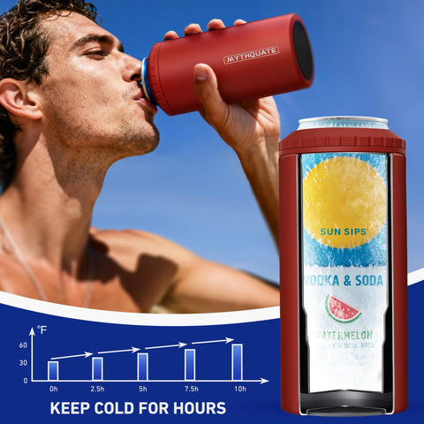 MYTHQUATE 3-in-1 slim can cooler fits regular 12 oz cans for everyday use.