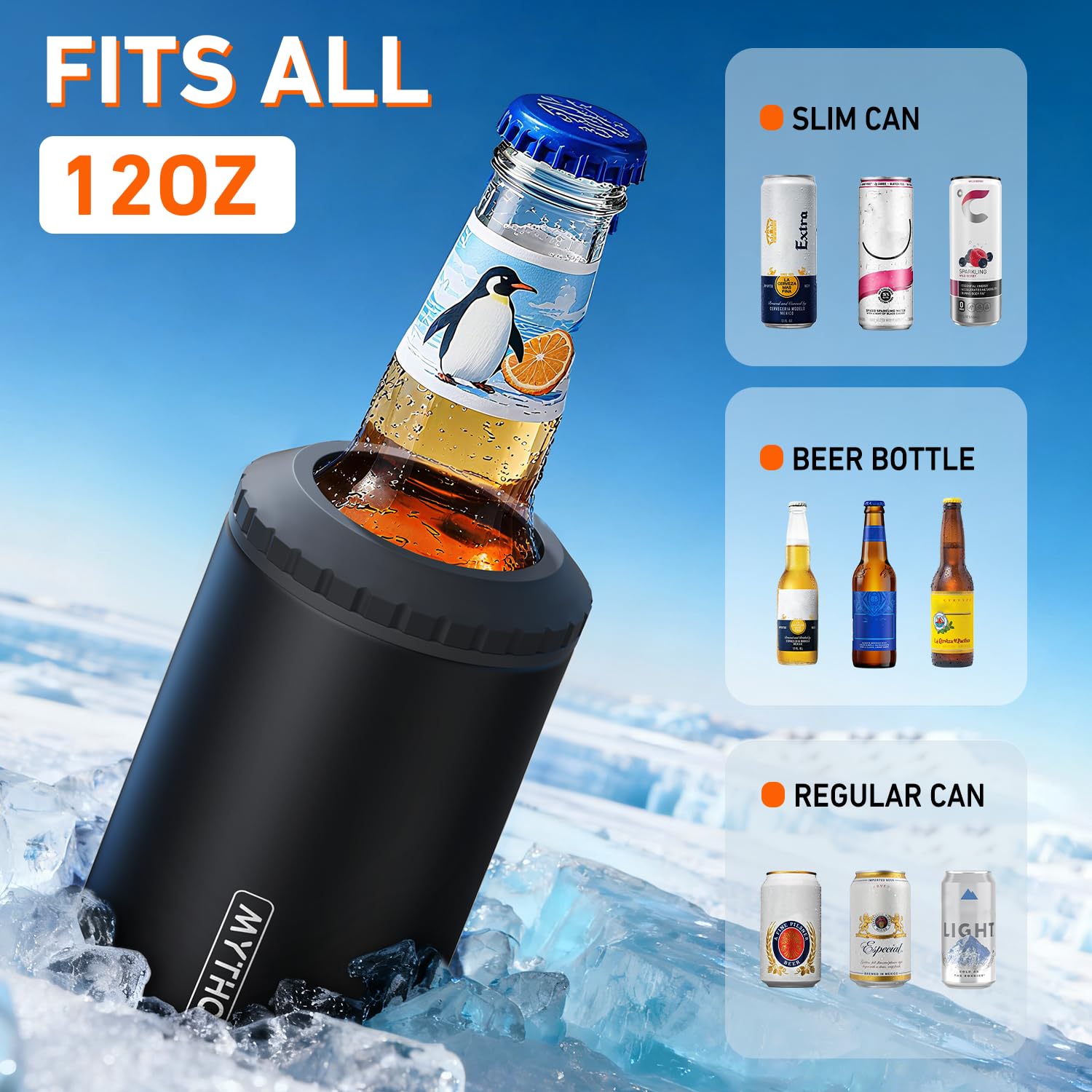 MYTHQUATE 3-in-1 slim can cooler for regular cans keeps drinks cold longer