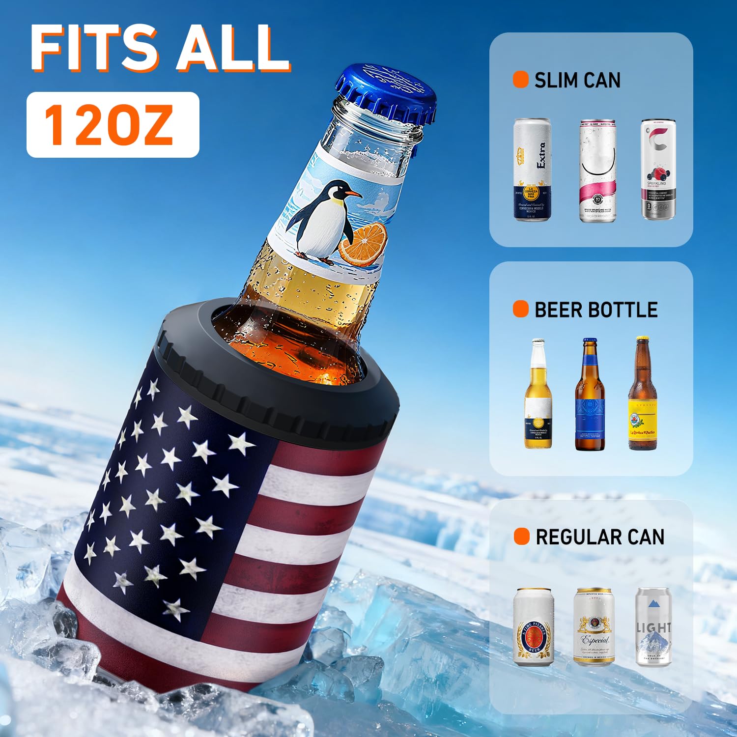 MYTHQUATE cooler side view shows compatibility with slim and regular cans; sweat-free exterior