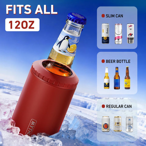 MYTHQUATE 3-in-1 slim can cooler fits slim 12 oz cans for quick cooling.
