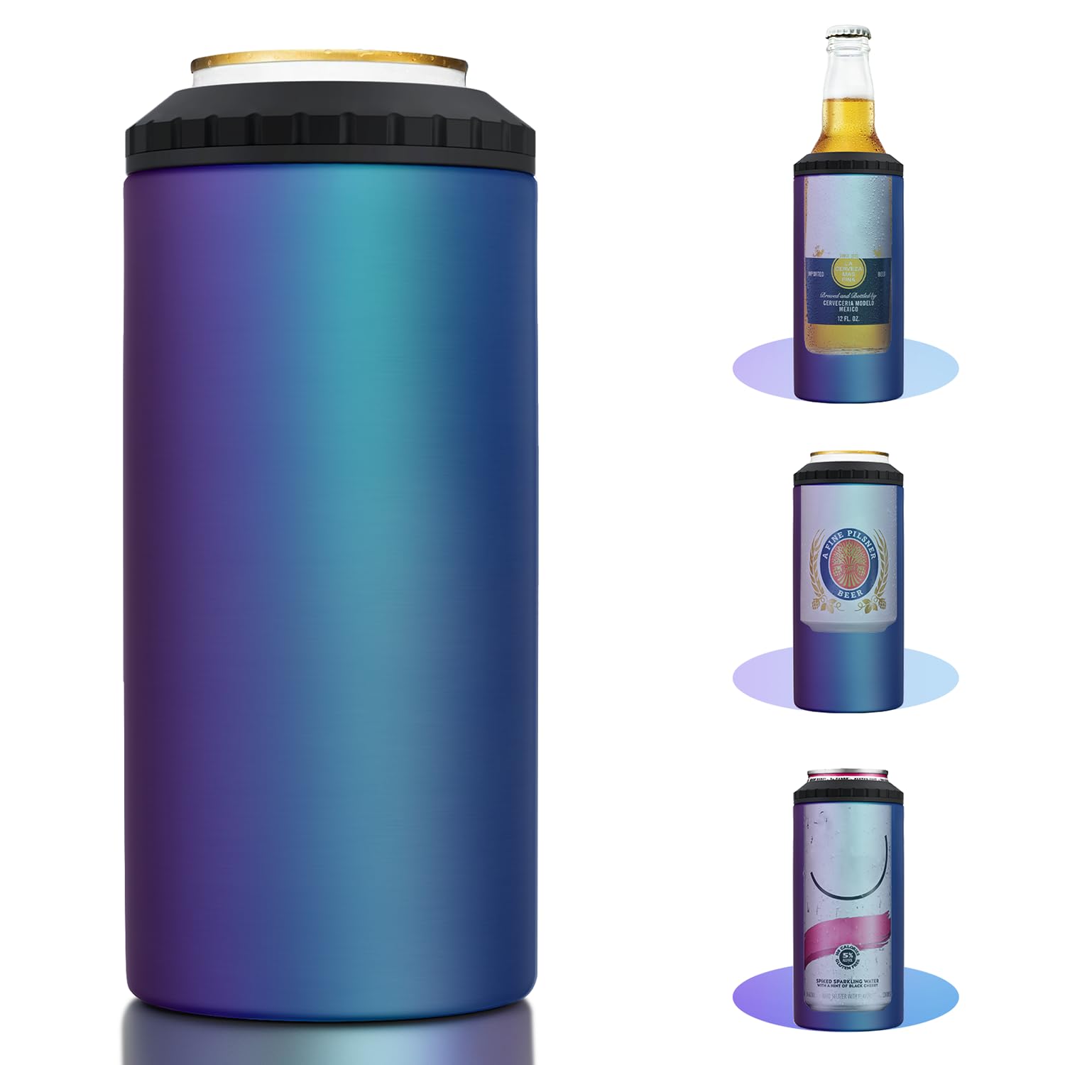 MYTHQUATE Aurora 3-in-1 slim can cooler front view keeps drinks cold