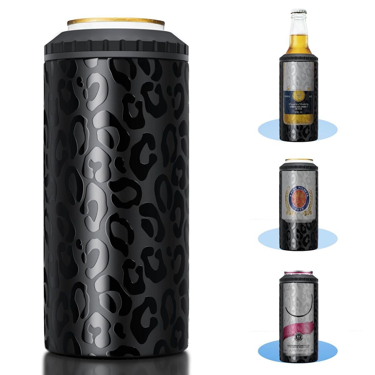 MYTHQUATE black leopard 3-in-1 cooler keeps drinks cold on the go with style.