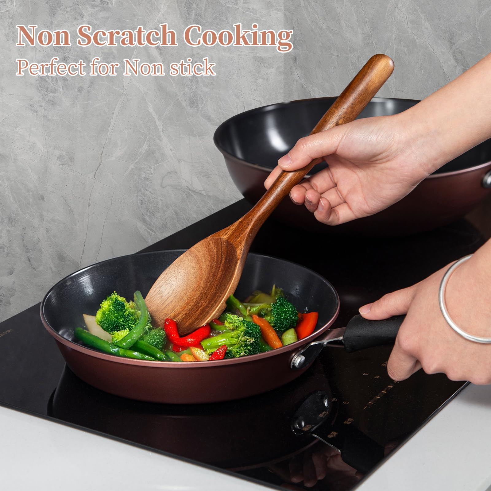 MZROO scratch-free wooden spoons glide across non-stick pans without scratches