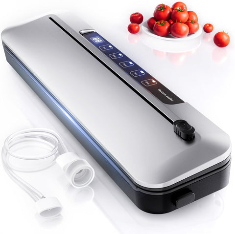 MZROT vacuum sealer in bright silver with built-in cutter for quick bag prep
