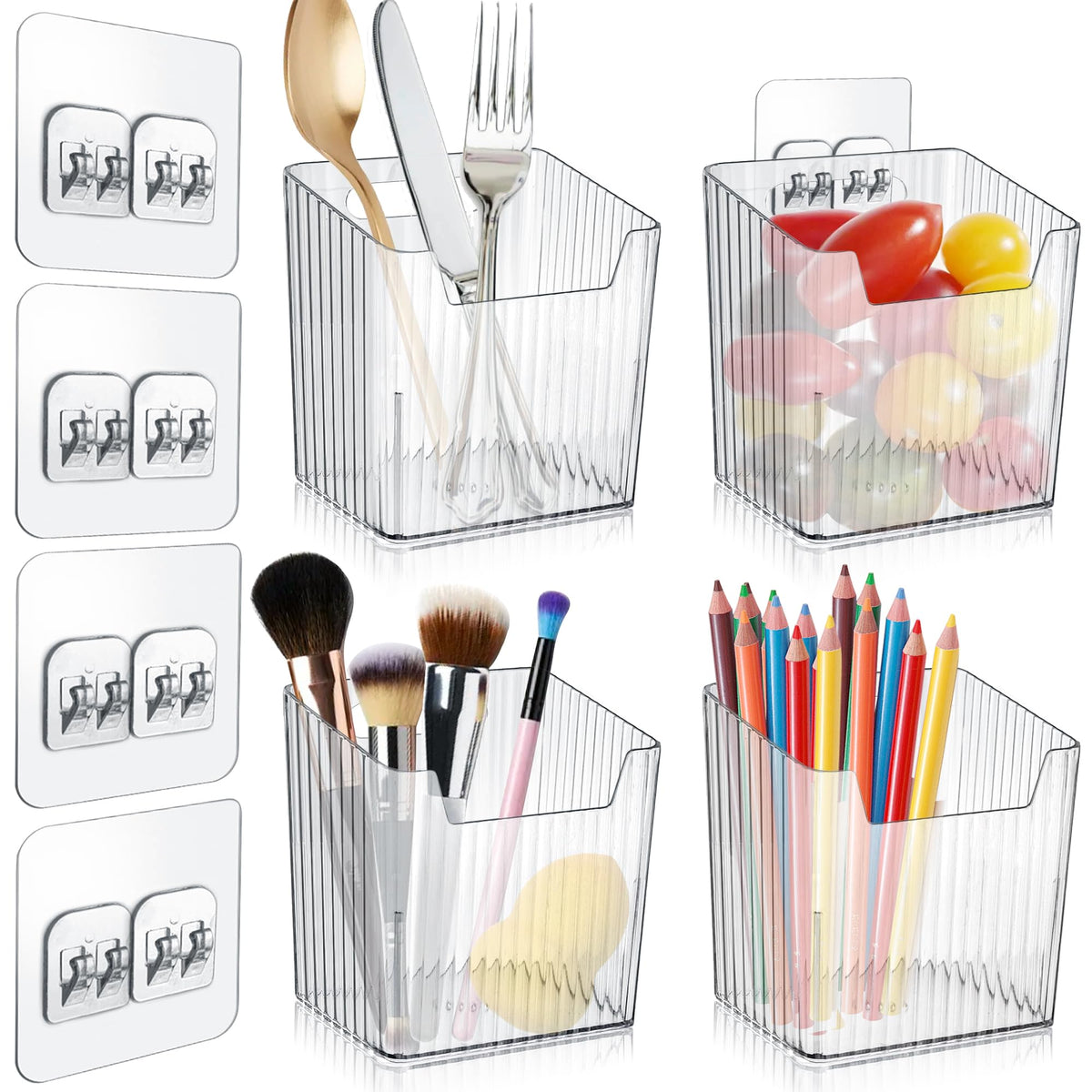 MZYIWUU 4-pack acrylic wall organizer with adhesive mounts for clutter-free pantry storage.