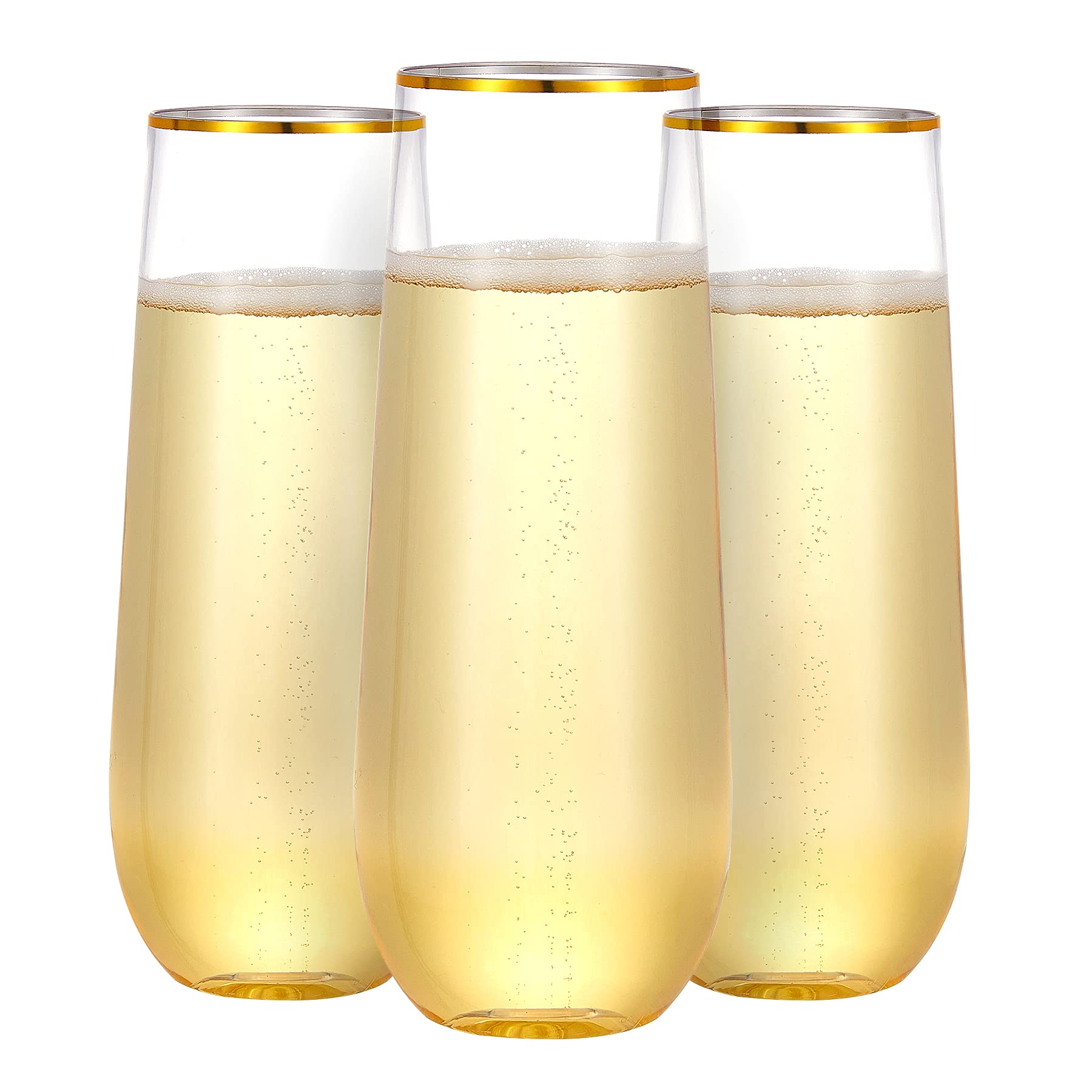 N9R 36-pack plastic champagne flutes with gold rim for elegant weddings and parties.