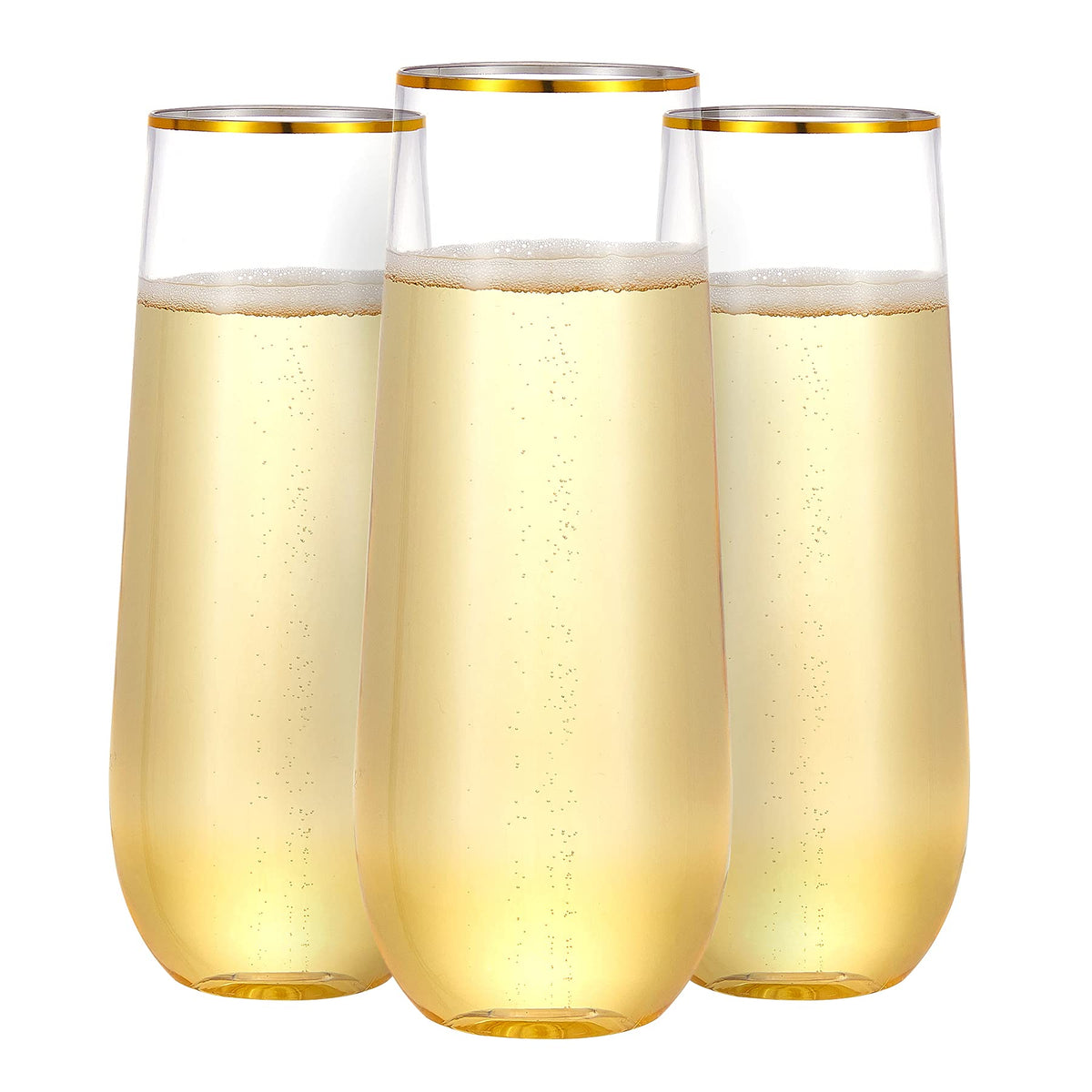N9R 36-pack plastic champagne flutes with gold rim for elegant weddings and parties.