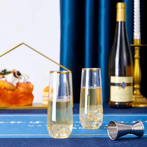 N9R 9oz stemless plastic champagne glasses for easy handling and cleanup.