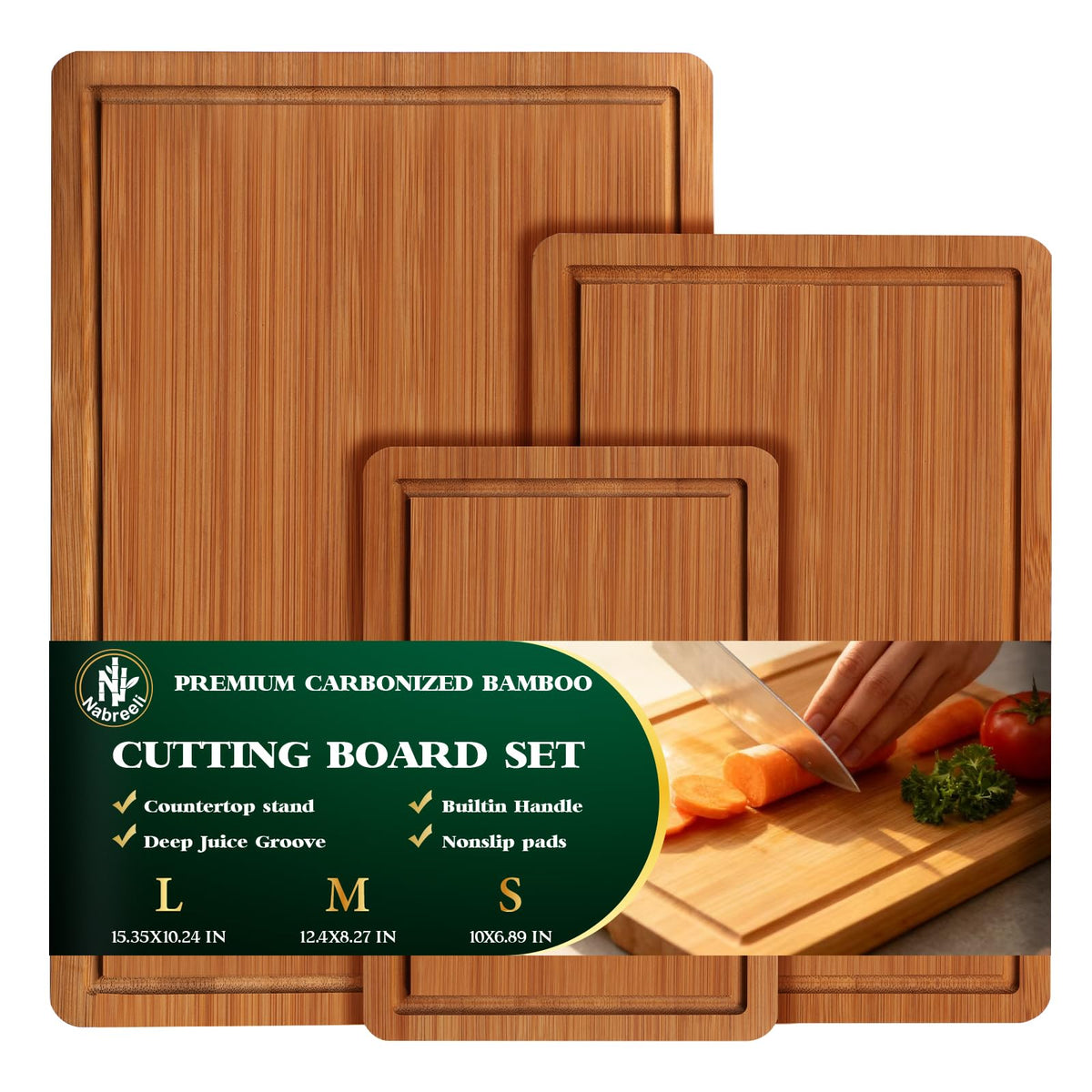 Nabreeli bamboo cutting board set with juice groove facilitates clean prep and juice containment.