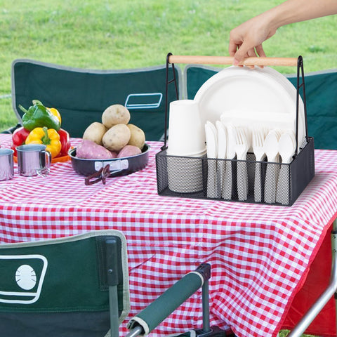 NACIMAX metal silverware caddy keeps utensils organized at a picnic.