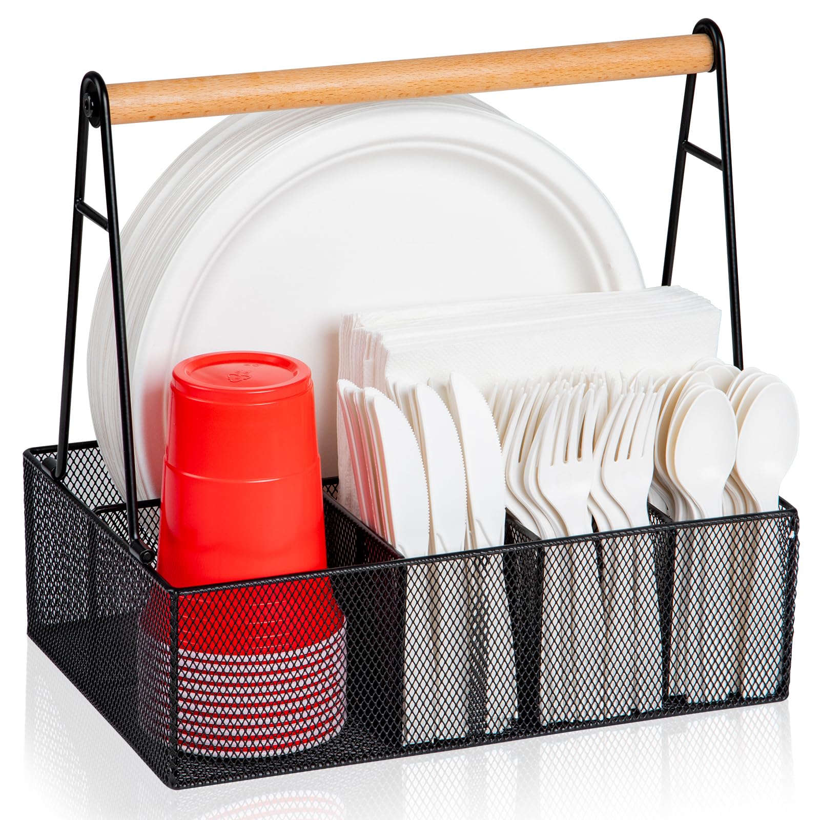 NACIMAX paper plate organizer with handle on countertop for easy access.
