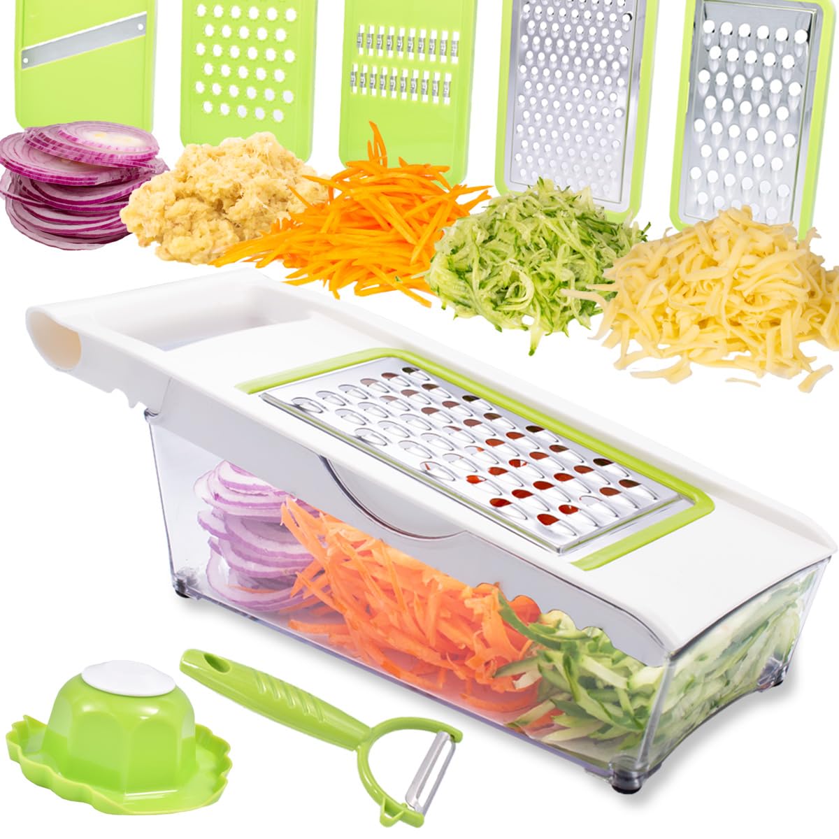 NACOLUS cheese grater with container for mess-free shredding of cheese and vegetables.
