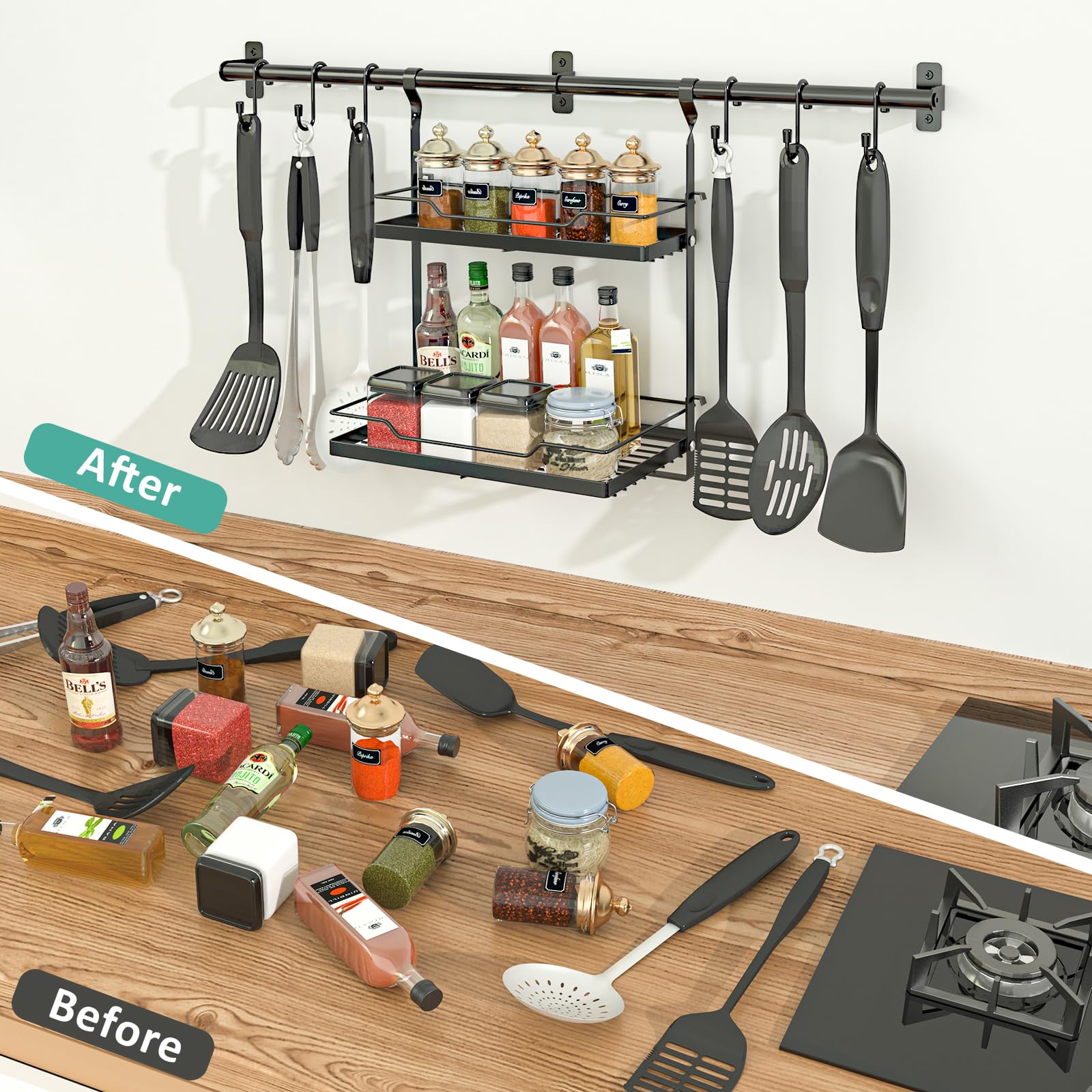 NADAMOO 3-in-1 organizer shows spice shelves, utensil hooks, and towel bar.