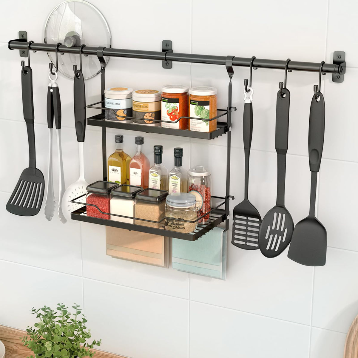 NADAMOO wall-mounted spice rack and utensil hanger boosts kitchen organization.