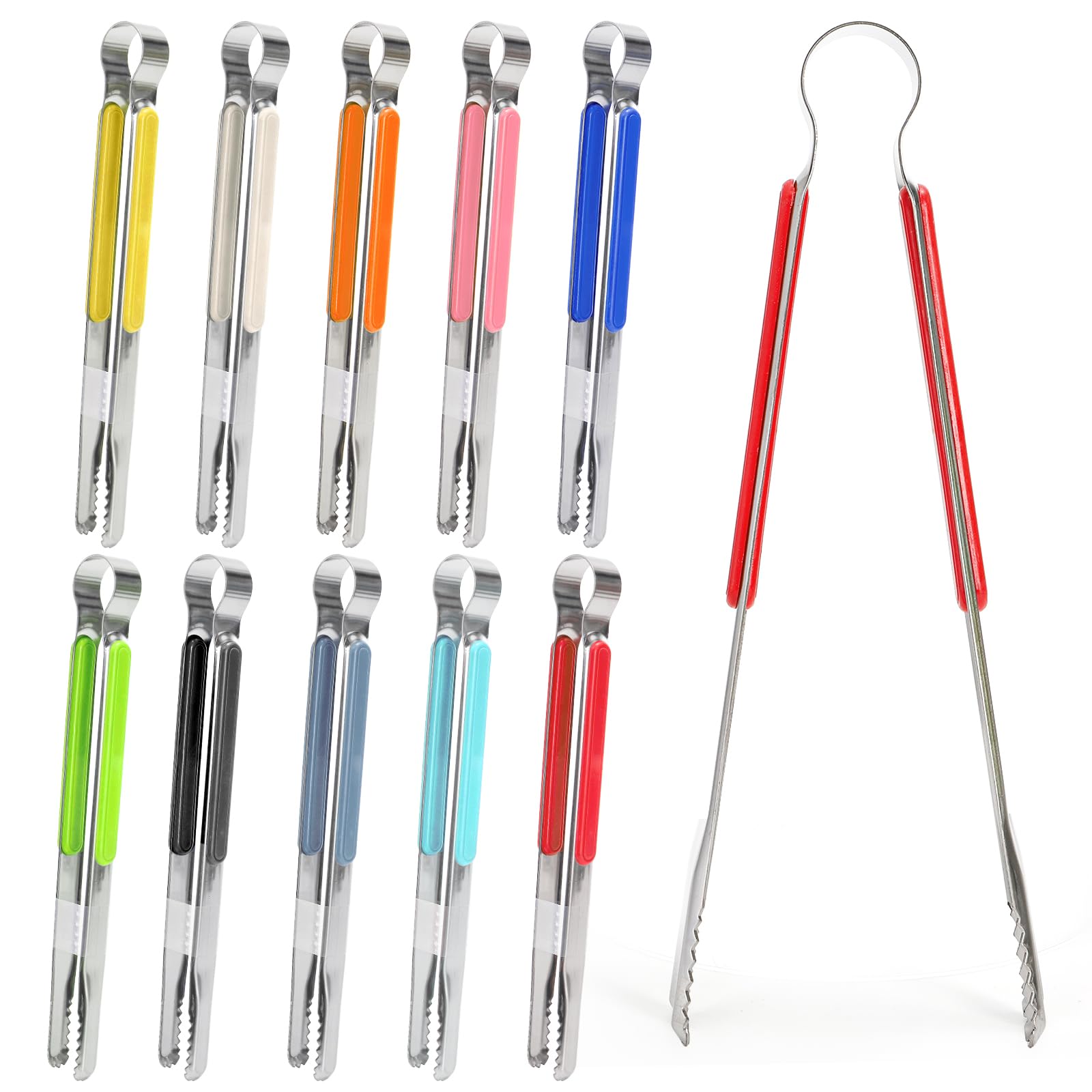 Nagpew 10-pack kitchen tongs with color variety for organized cooking.