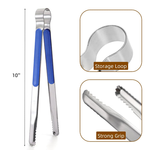Nagpew 10-inch tongs with serrated head for a secure grip on meat.