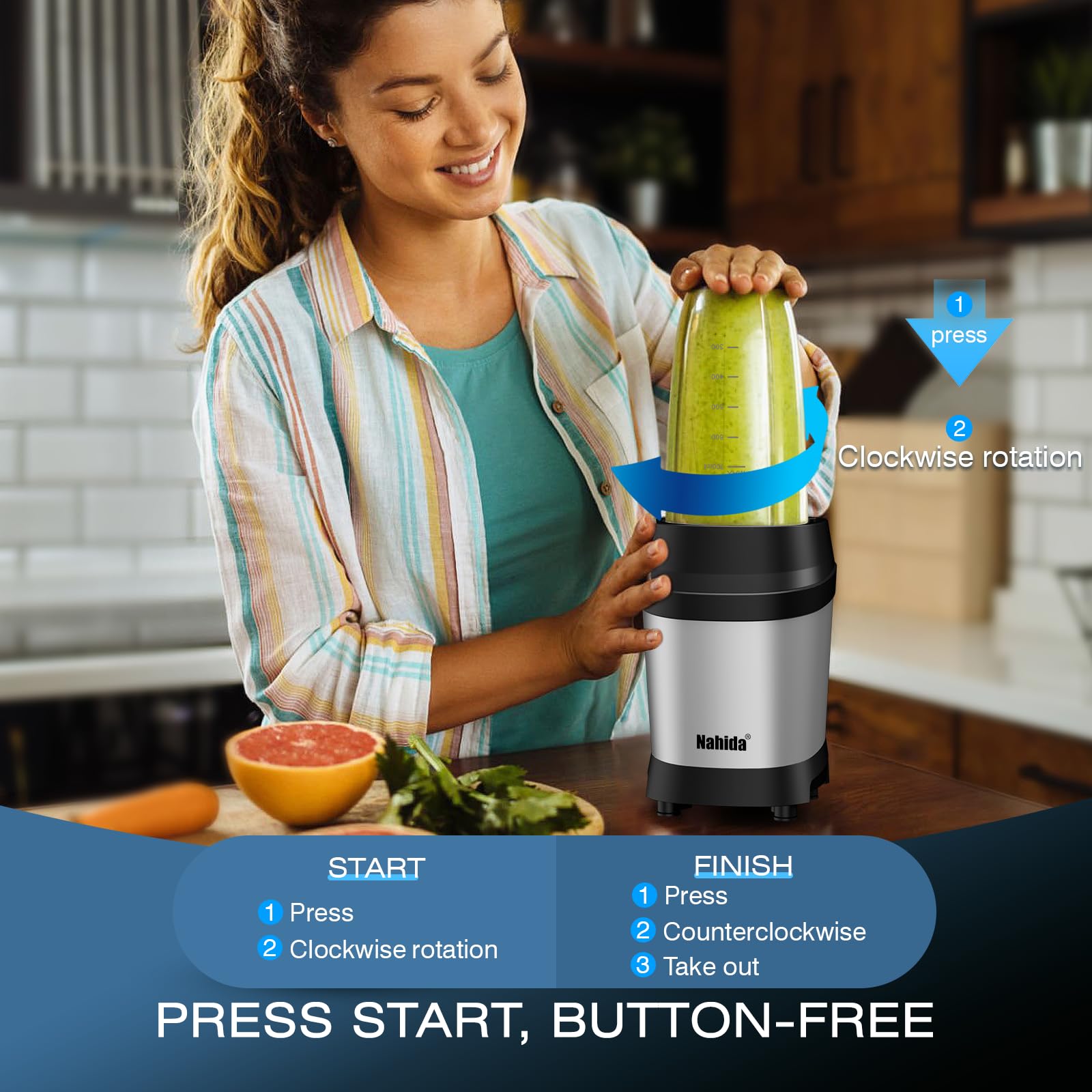 Nahida blender features 6-fin blades for thorough texture.