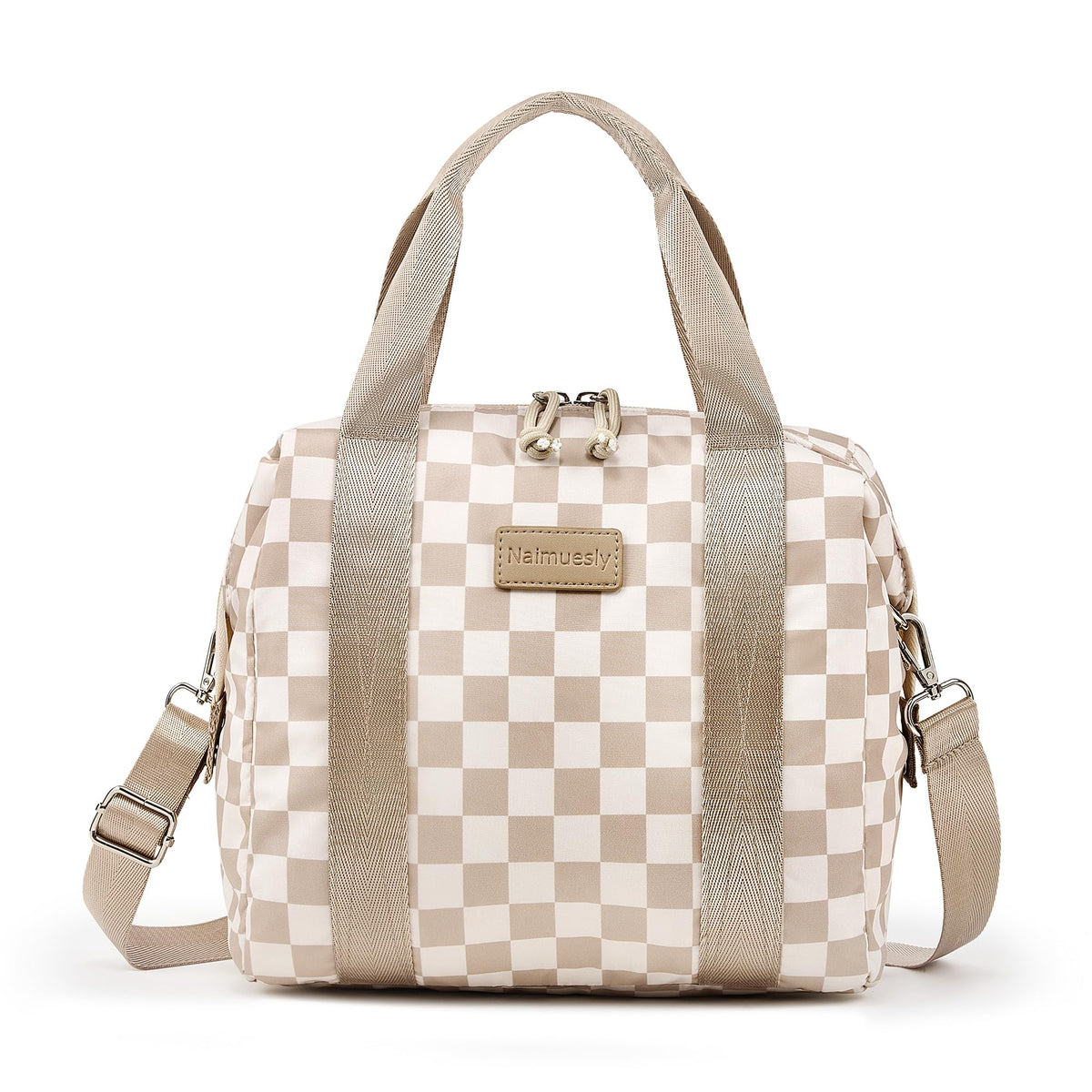 Naimuesly lunch bag top view, checkered brown, spacious opening for easy packing.