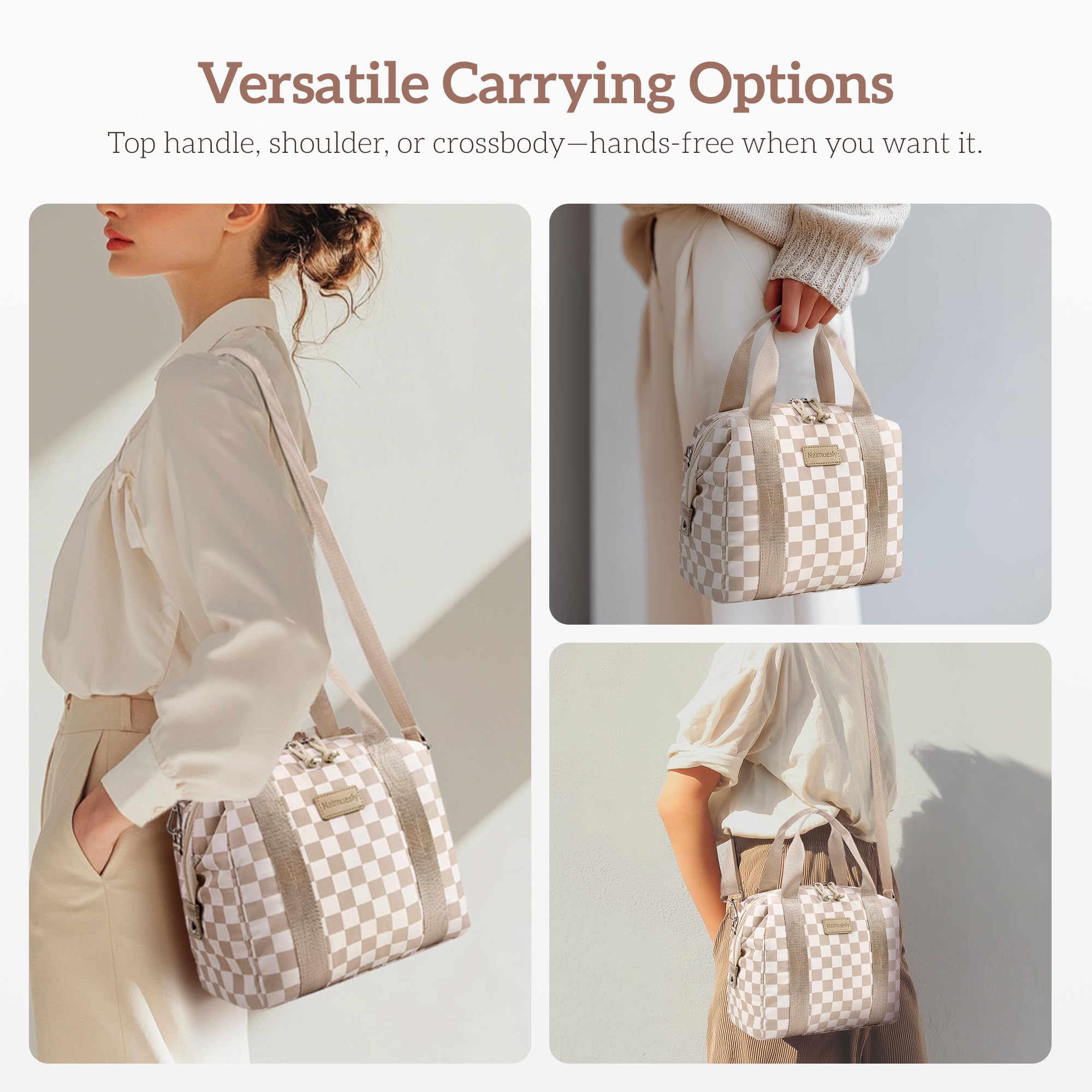 Naimuesly bag features multiple compartments for organized food, drinks, or meds.