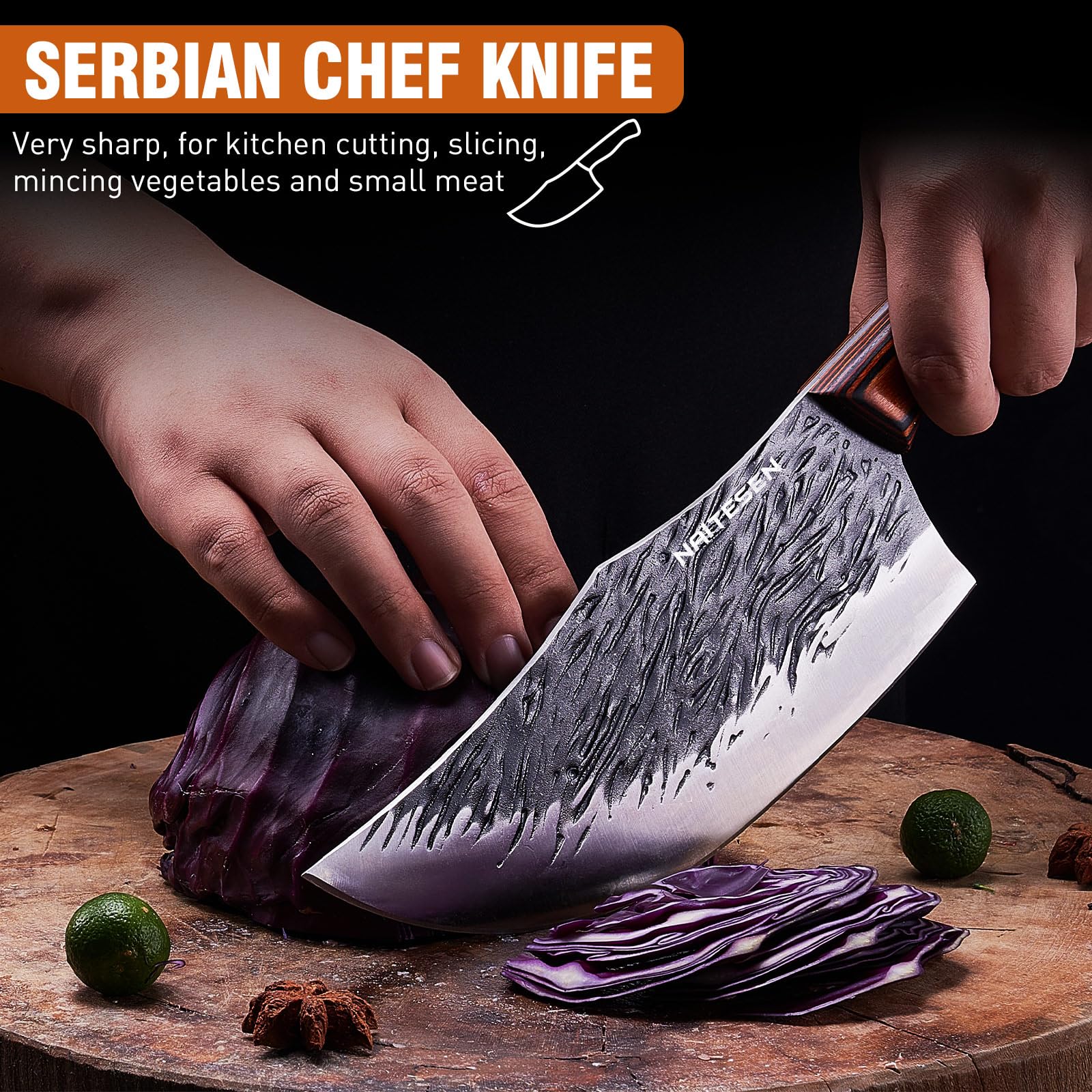 Naitesen 8-5-inch meat cleaver cutting through meat with clean, confident slices.