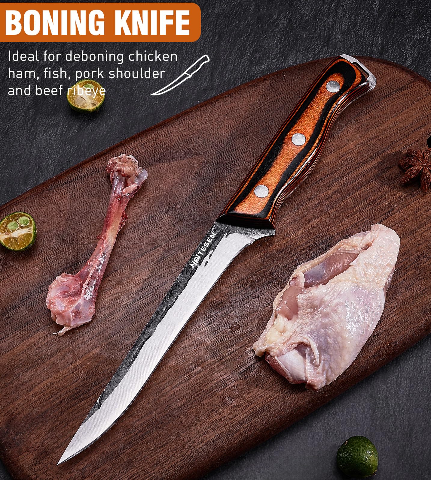 Naitesen 9-inch breaking knife designed for leverage during large meat separation.