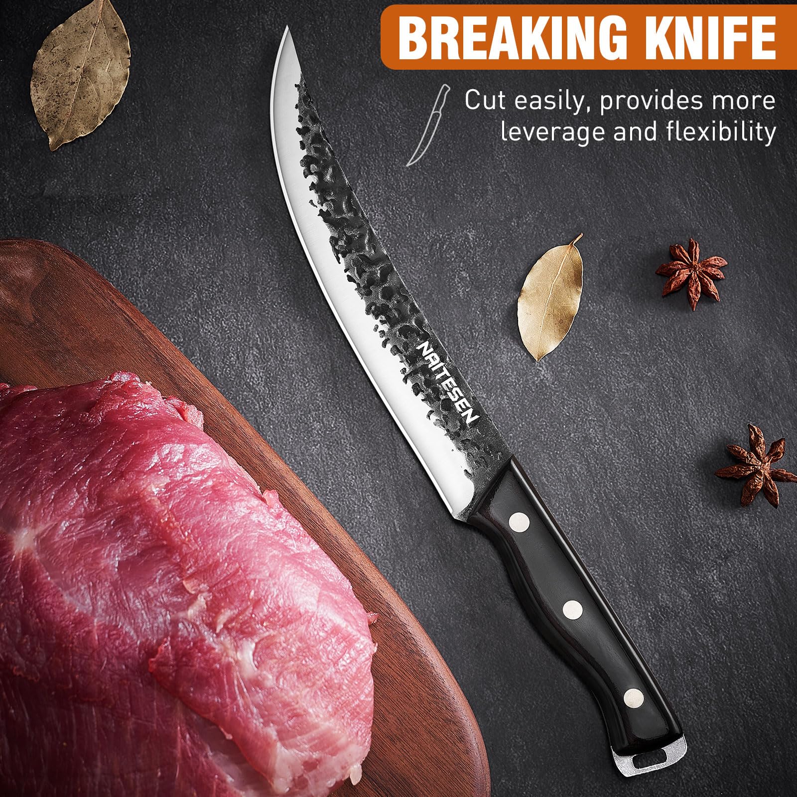 Naitesen 6.5-inch boning knife navigating around bones with precision.