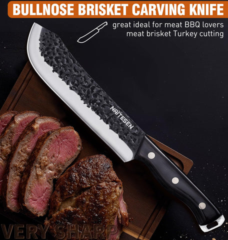 Naitesen 9-inch breaking knife powering through a large meat cut with control.