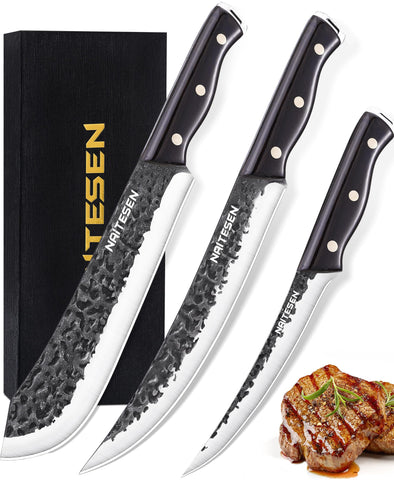 Naitesen 9-inch bullnose carving knife slicing evenly through a roast, clean edge.