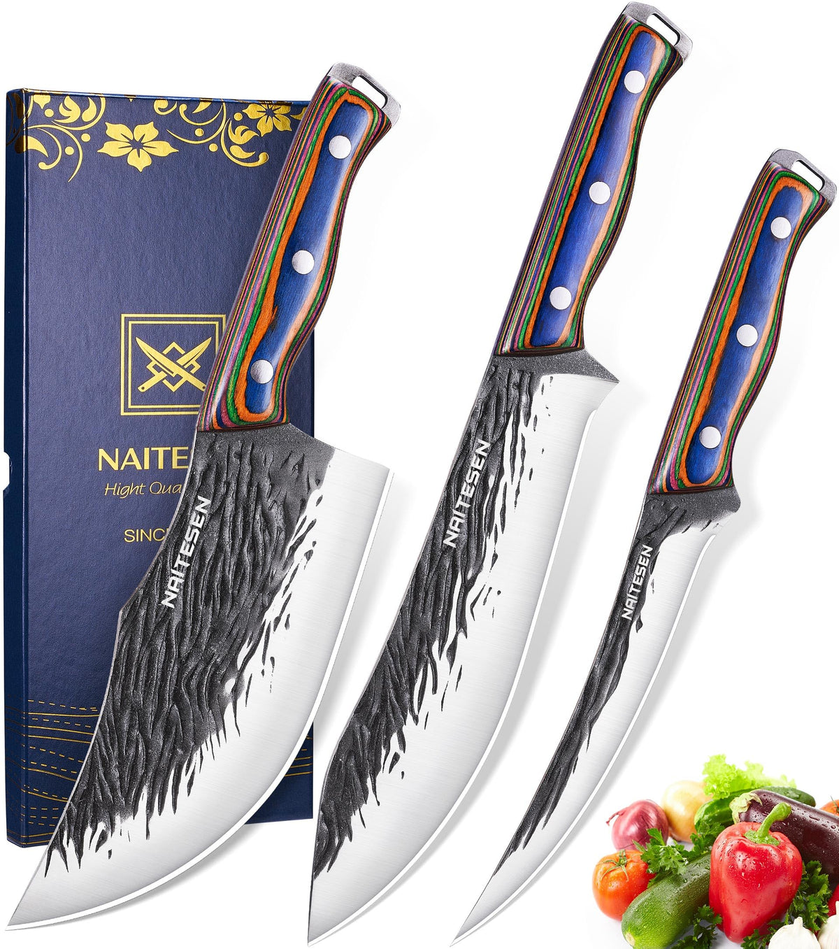 Naitiesen 3pc hand-forged knife set laid out for prep and display in a kitchen.