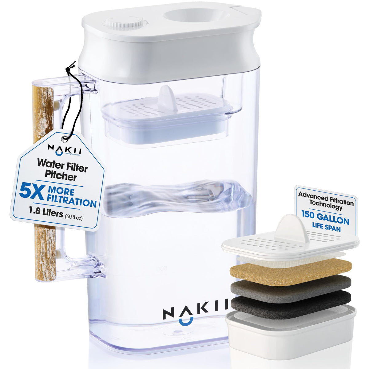 Nakii water filter pitcher with 150-gallon lifespan for cleaner-tasting water