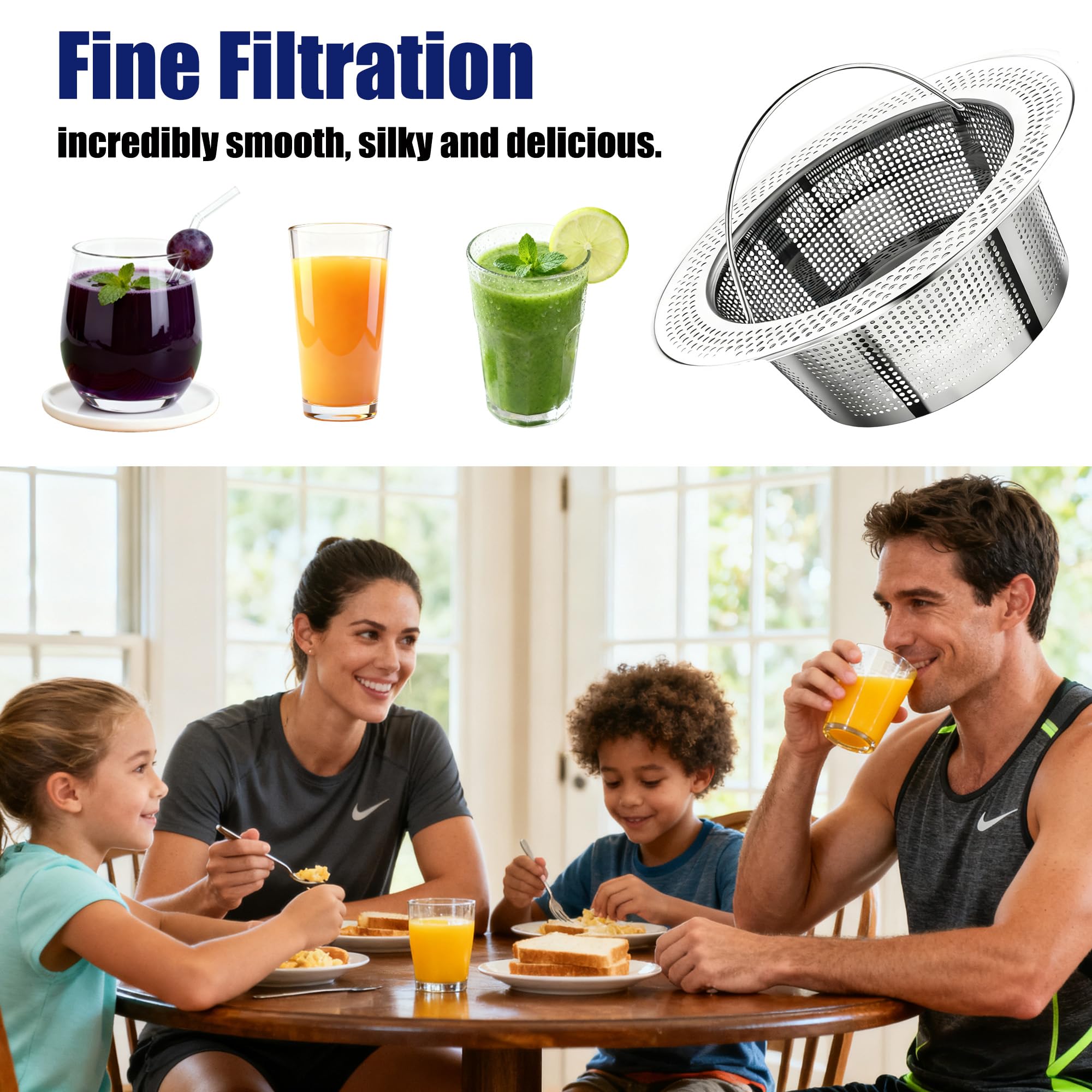 Nama J2 secondary filter reduces foam and fine pulp for clear juice.