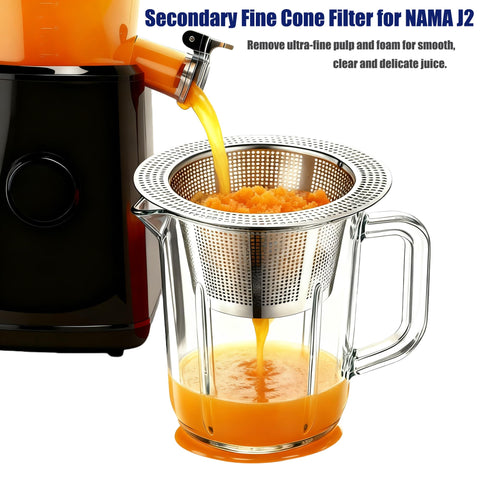 Nama J2 fine filter after juicing captures fine pulp for smoother juice.