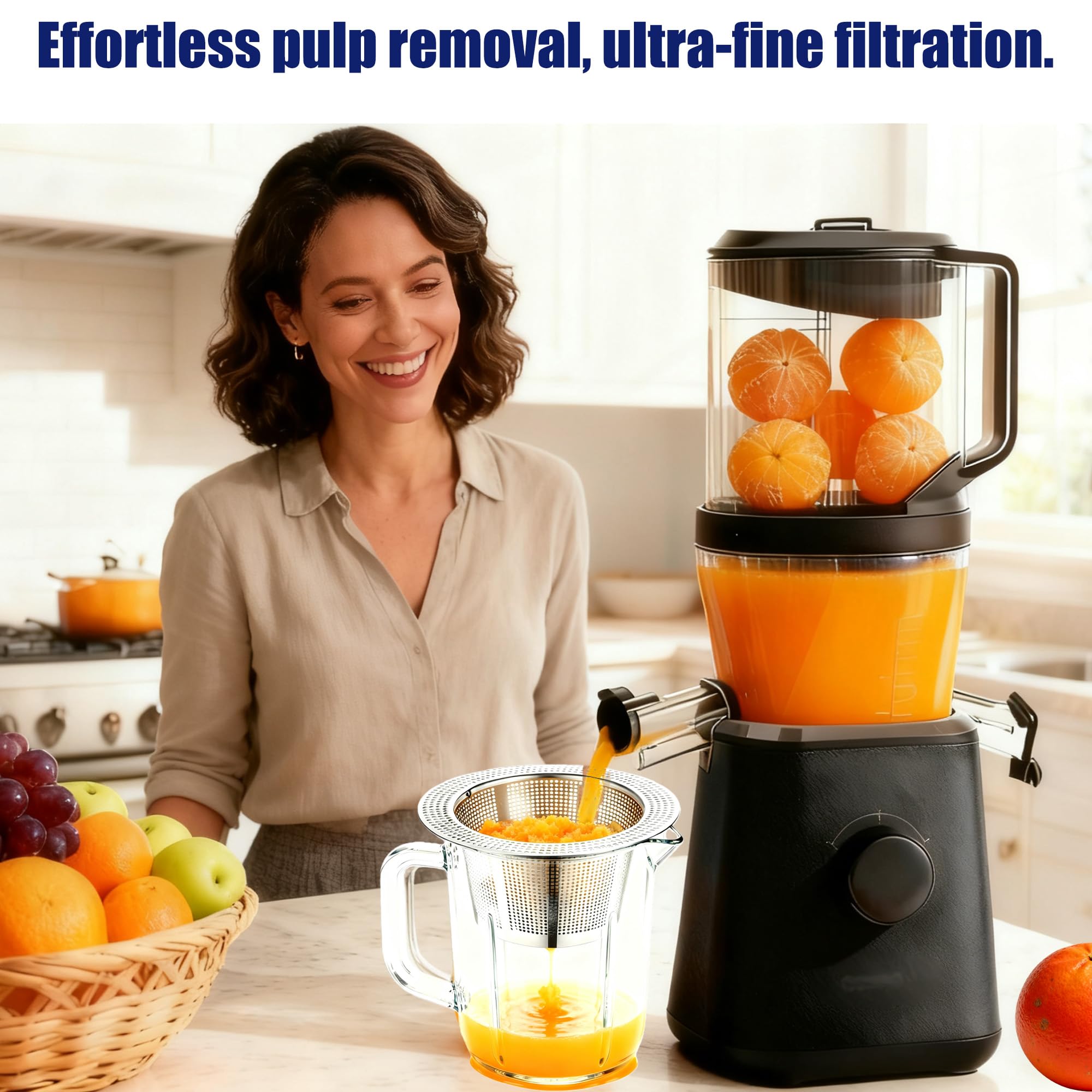 Nama J2 hands-free strainer rests on cups for convenient pouring.
